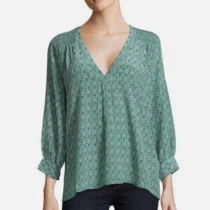 Green Floral 100% Silk V Neck Blouse — Size Large